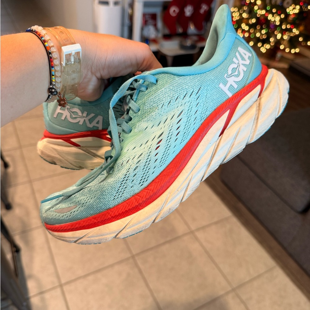 Hoka Clifton 8 Women's Teal and Coral Athletic Shoes